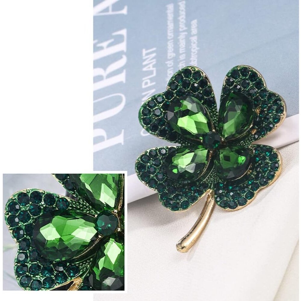 1Pcs Four Leaf Clover Brooch Vintage Green Crystal Pin Hat Bag Clothing Decorati - Picture 2 of 6